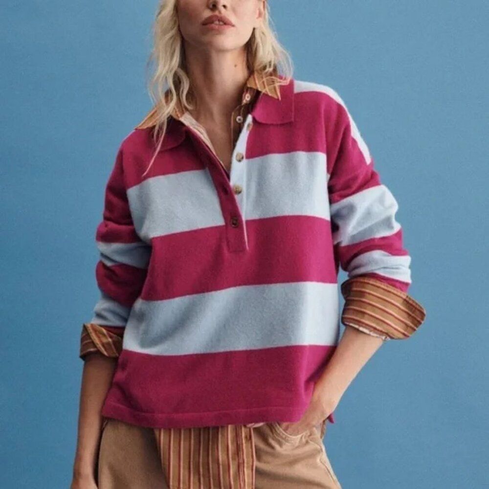ANTHROPOLOGIE MAEVE Rugby Polo Sweater Medium Pink Blue Striped Collared Boxy